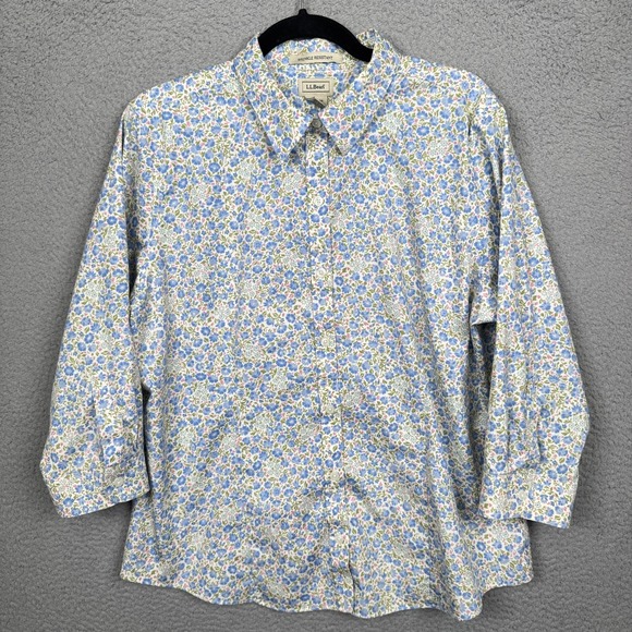 LL Bean Top Womens L Blue Floral Button Up Wrinkle Free Office Career Preppy - Picture 2 of 11